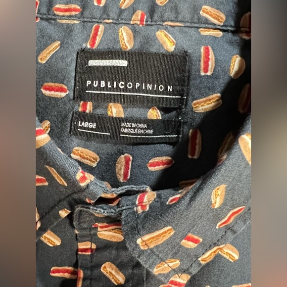🛍️PUBLIC OPINION Men’s Navy blue hotdog print button down size L. - Picture 9 of 11